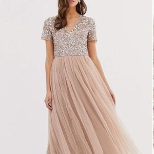 Gorgeous Sequin V-Neck Maxi Gown, Size 2Petite, Taupe Blush